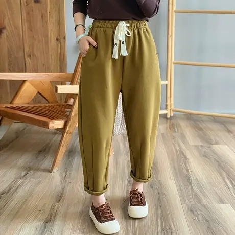 dza 高腰显瘦纯棉加绒哈伦裤子女冬加厚卫裤宽松阔腿裤直筒运动裤图片