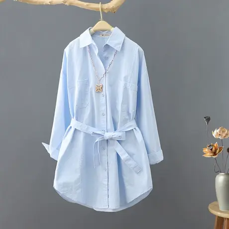 中长款气质系带衬衫女2024春季新款设计感显瘦百搭长袖衬衣上衣棉商品大图