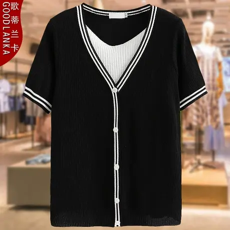 40-50岁妈妈装夏季短袖针织T恤加肥加大码女装宽松假两件冰丝上衣商品大图