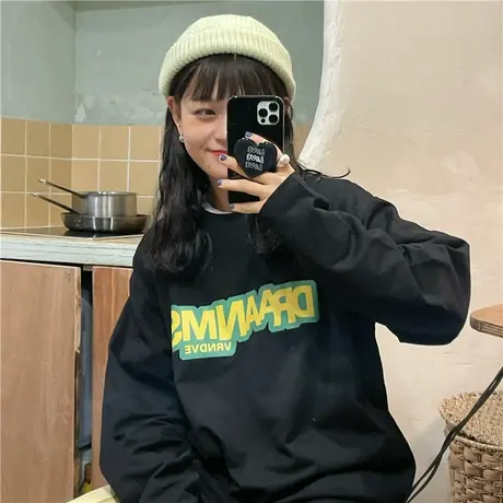 红续春秋新款韩版慵懒风宽松百搭字母盐系少女长袖卫衣女ins上衣图片