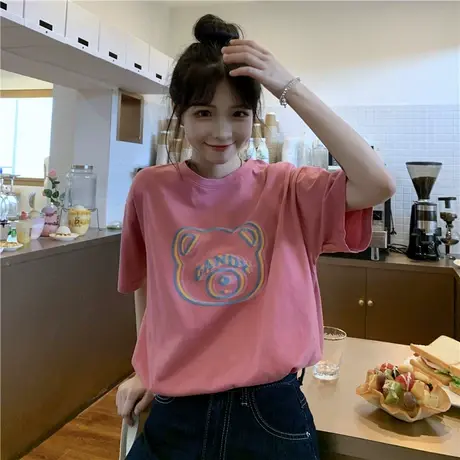 日系粉色T恤女眩晕熊卡通印花小清新设计感宽松休闲百搭学生上衣商品大图