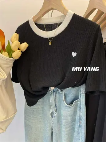 胸围撞色爱心！韩系ins 细羊毛纹理短袖针织衫女套头休闲百搭上衣商品大图