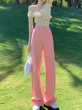 粉色阔腿牛仔裤女直筒宽松夏季2023薄款高腰加长彩色垂感拖地裤子图片