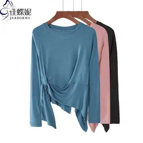 早秋季新款圆领宽松休闲长袖T恤不规则下摆绑带韩版收腰气质上衣商品大图