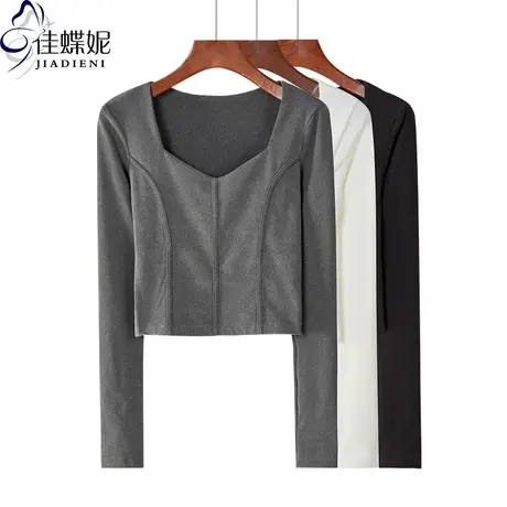 春秋季方V领短款修身长袖T恤压线简约内搭打底加厚上衣宫廷风女装商品大图