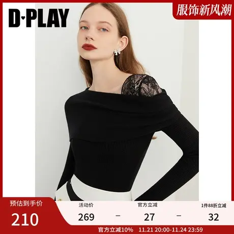 DPLAY春新不规则设计感露肩蕾丝拼接长袖针织小衫图片