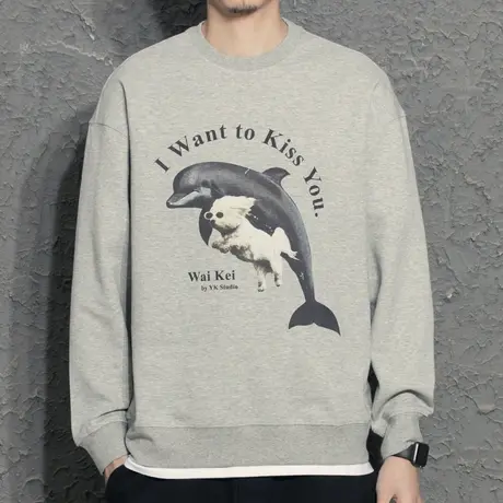 奕飏数码印花黑色圆领男卫衣2022年春季新款休闲套头上衣潮打底衫商品大图