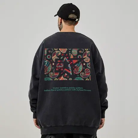 加肥加大码圆领美式重磅复古胖子男装宽松水洗做旧卫衣春秋冬季男商品大图