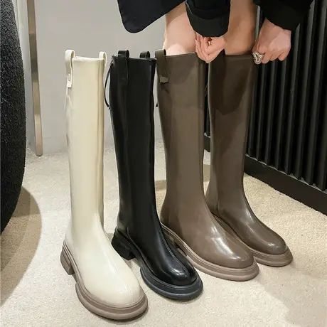 永希长筒靴女2023年春秋季新款复古时尚法式瘦瘦靴粗跟韩系骑士靴图片