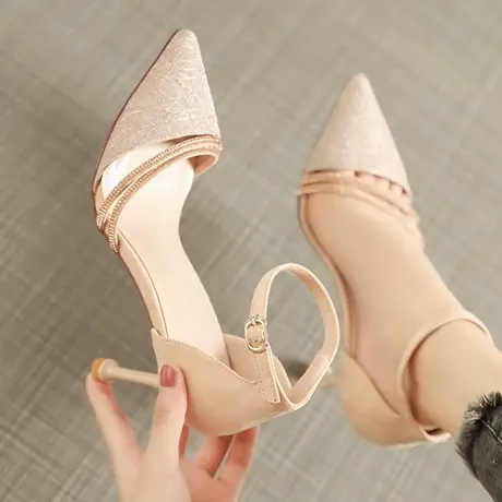 气质水钻尖头单鞋女细跟2020新款秋季仙女风百搭一字带法式高跟鞋图片