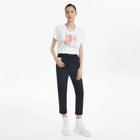LANCY/朗姿新款印花字母短袖棉T恤圆领通勤休闲宽松瘦女奥莱图片