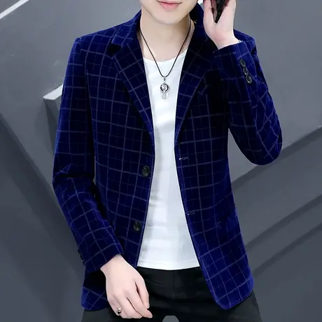 高端男装西服外套春秋季潮流二颗粒韩版金丝绒格子雅痞帅气小西装商品大图