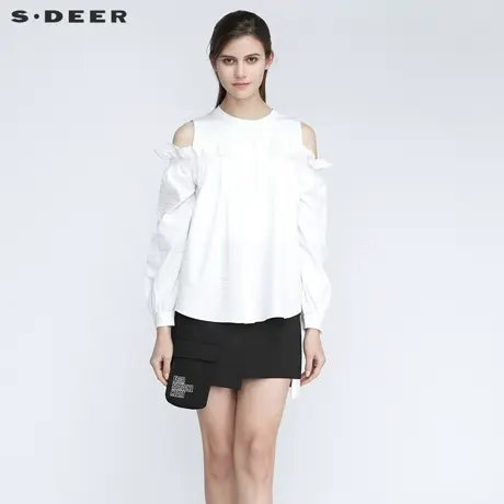 sdeer圣迪奥春秋装甜美木耳边圆领露肩休闲衬衫女S21180501图片