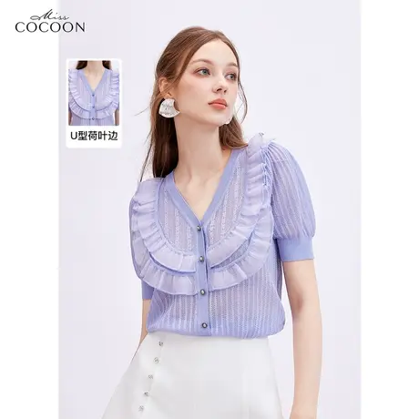missCOCOON法式荷叶边设计感针织上衣女2023夏装新款宽松V领毛衫商品大图