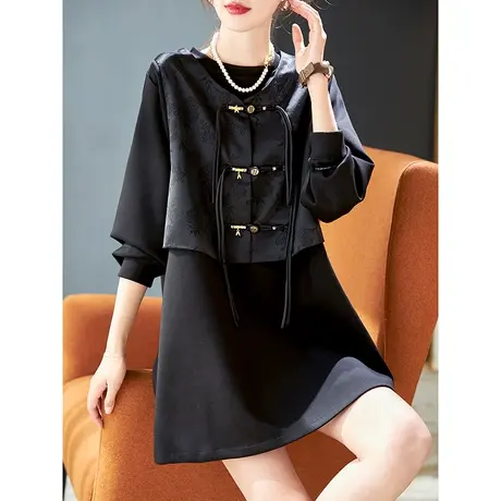 宝诗黎圆领假两件盘扣短款连衣裙2024年春季新款长袖宽松中式女装商品大图