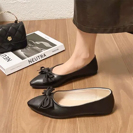 尖头单鞋女2023年秋冬季新款法式蝴蝶结浅口平底鞋气质小香风瓢鞋商品大图