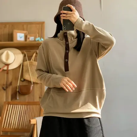 dza 复古拼接撞色纽扣高领德绒卫衣女秋冬内搭打底宽松休闲短上衣图片