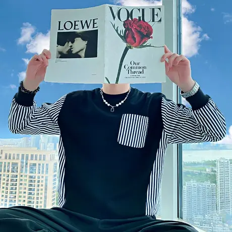 韩版套头卫衣男ins网红条纹拼接小众设计感春秋季长袖t恤体恤上衣商品大图