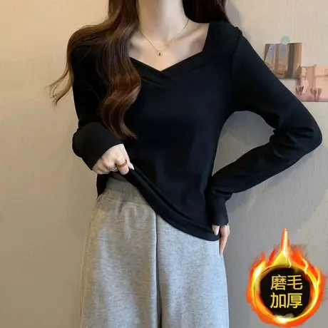 磨毛加厚打底衫女春季新款长袖T恤小众方领洋气修身显瘦内搭上衣商品大图