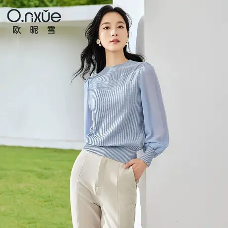 欧昵雪2024春季新款时尚雪纺长袖拼接立领针织衫女修身设计感上衣图片