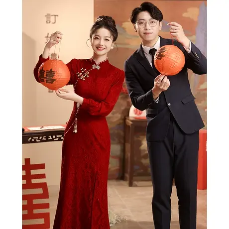 鱼尾旗袍敬酒服2023新款新娘冬季长袖蕾丝订婚裙礼服中式结婚修身商品大图