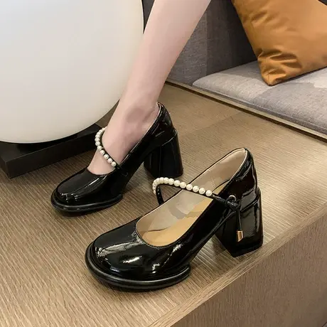 法式玛丽珍鞋女2024新款仙女风珍珠浅口高跟单鞋英伦风粗跟小皮鞋商品大图