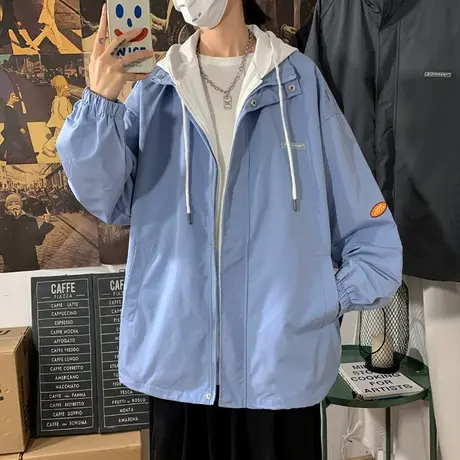 假两件港风夹克男秋冬季外套工装韩版ins潮牌情侣连帽棒球服潮流商品大图