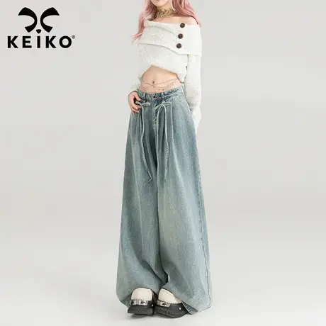 KEIKO 蝴蝶结系带饰阔腿牛仔裤女2024春夏高腰显瘦宽松拖地长裤子商品大图