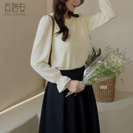 百洛安设计感小众花边领衬衫女上衣春温柔风优雅知性宽松长袖衬衣图片