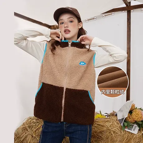 a022024春季新款复古撞色设计毛绒无袖上衣休闲百搭女式马夹图片
