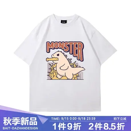 夏季短袖t恤男宽松ins潮流日系风五分袖卡通恐龙涂鸦情侣装半袖商品大图