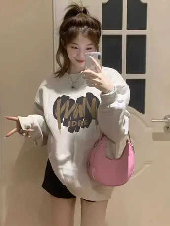 2024新款圆领卫衣女春秋季薄款小个子慵懒风美式复古宽松上衣外套图片