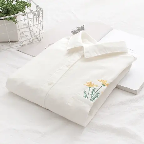 春秋季文艺小清新花朵刺绣双层纱纯棉长袖衬衫女学生宽松柔软上衣图片