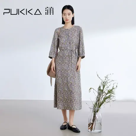 蒲PUKKA 亚麻印花连衣裙2024夏季新品收腰圆领H型显瘦连衣裙图片