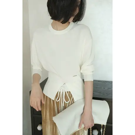 2024春夏季气质洋气短款收腰开衩针织圆领长袖显瘦百搭女士上衣女商品大图