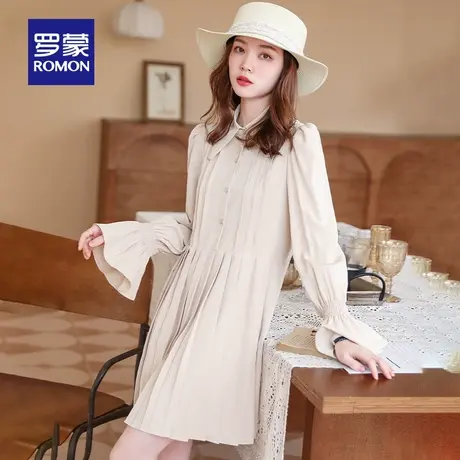 罗蒙女士时尚休闲中长款连衣裙2024春季新款气质简约优雅百褶裙女图片