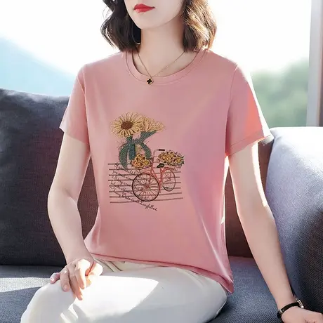 精致设计感女士大码t恤时尚洋气中老年妈妈夏装重工刺绣花体恤衫商品大图