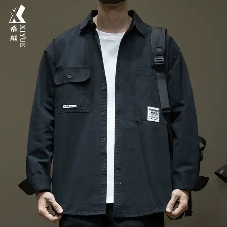 希越美式纯棉长袖衬衫男2024春秋宽松大码休闲男士工装衬衣潮外套商品大图