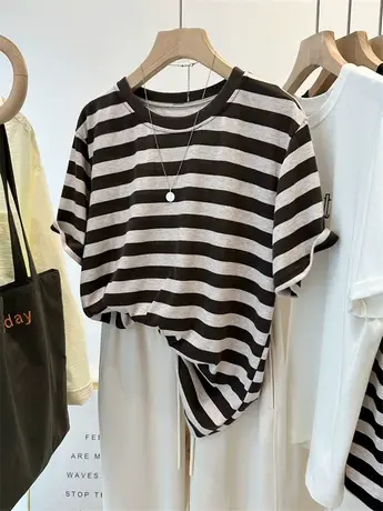 文艺范2024春夏撞色圆领条纹短袖T恤女 韩版舒适宽松百搭上衣打底商品大图
