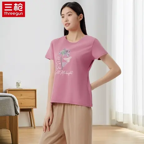 三枪女夏季短袖纯棉打底衫全棉圆领甜美水柔棉透气休闲薄款T恤商品大图