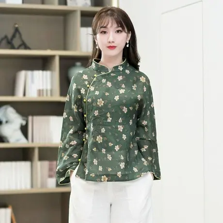 筠雅唐装中国风女装旗袍式上衣高档名媛苎麻茶服民国风复古女装商品大图