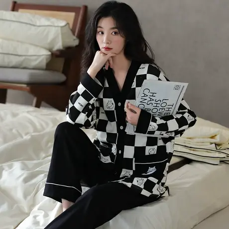 婷美黑色格子睡衣女春秋款纯棉长袖开衫V领春季可出门家居服套装商品大图