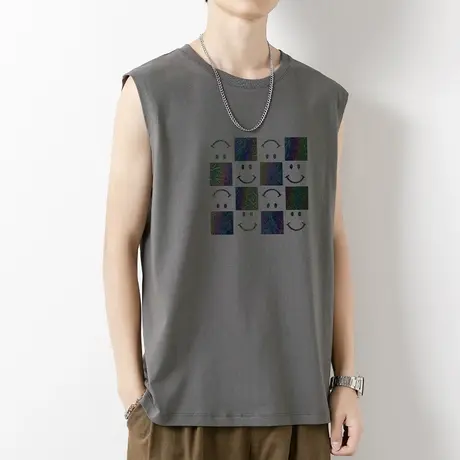 纯棉背心男士2023新款夏季潮流印花无袖t恤跨栏健身运动篮球坎肩商品大图