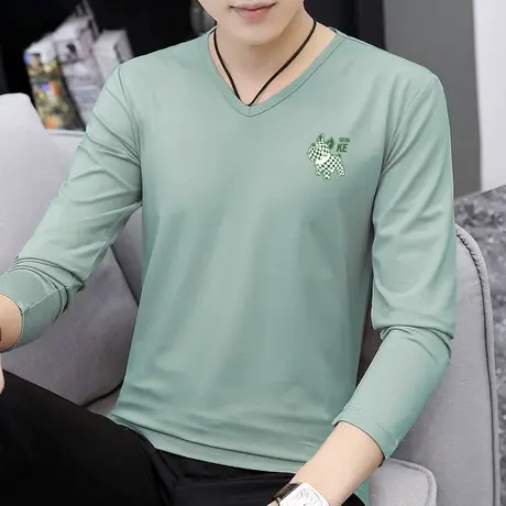 莫代尔长袖t恤男V领秋季小衫修身潮流潮牌印花内搭打底衫体恤秋衣商品大图