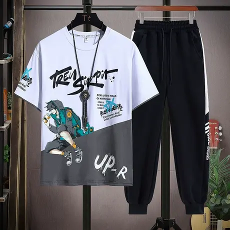 青少年12夏季棉感短袖t恤体恤衫13男孩潮流初中学生15岁大童套装商品大图