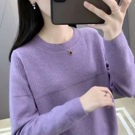 秋冬软糯圆领套头毛衣女纯色宽松洋气上衣慵懒休闲针织内搭打底衫商品大图