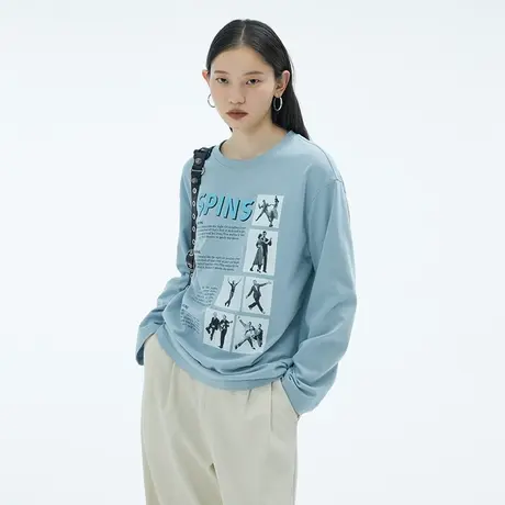 omont蛋挞家 印花宽松T恤女2023早秋新款复古休闲显瘦长袖上衣商品大图