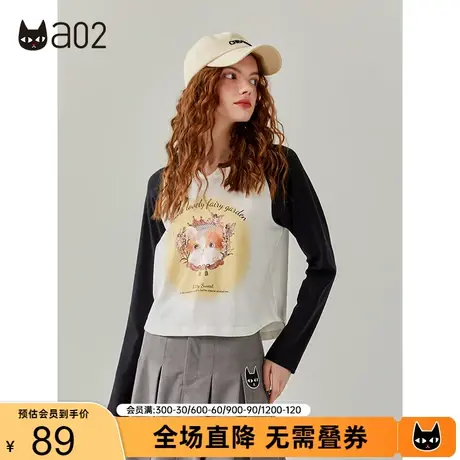 【轻途】a02猫咪印花长袖T恤女2023秋季新品甜美减龄撞色打底上衣商品大图
