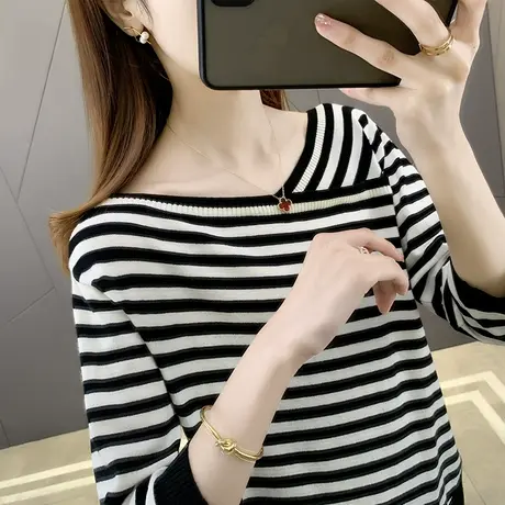 冰丝条纹针织衫女2023年新款春夏内搭打底衫春秋款七分袖上衣t恤商品大图