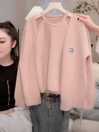 温柔软糯两件套针织衫2023秋装新款女装宽松设计感时尚背心上衣洋图片